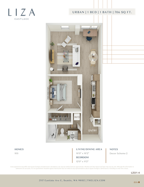 Liza Apartment 3D floor plan - 1x1 706 sqft
